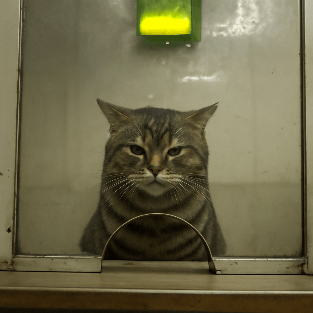 a tabby cat behind a grimy teller window, staring with open contempt